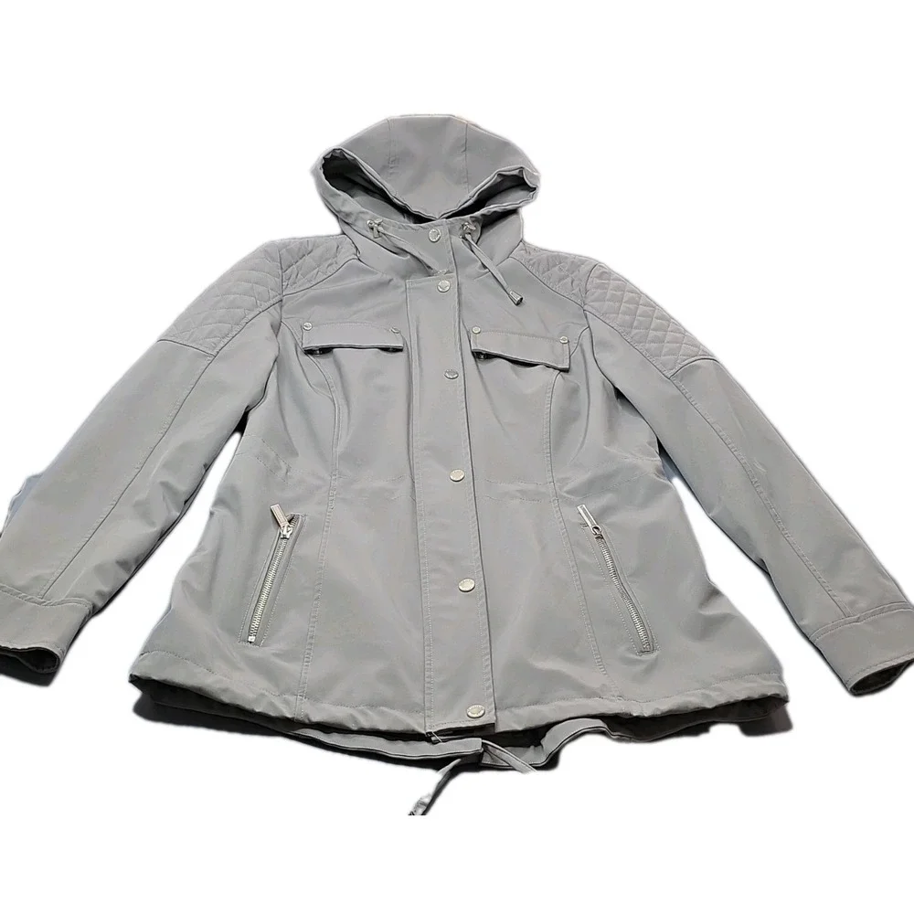 Michael Kors Jacket Womens S Gray Hooded Zip Quilted Shoulders Parka